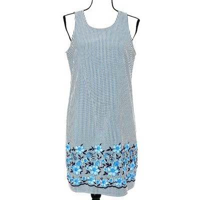SAM & JESS Shift Dress Blue Stripe Embroidered Hem Sleeveless Women's Medium