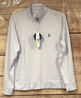 TailorByrd Men M Golf Sports Polo Shirt White Geometric Fine Print 1/4 Zip Logo