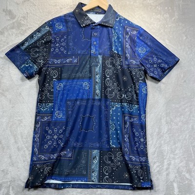 G/FORE Polo Shirt Mens M Blue Paisley Bandana Print Stretch Performance Golf