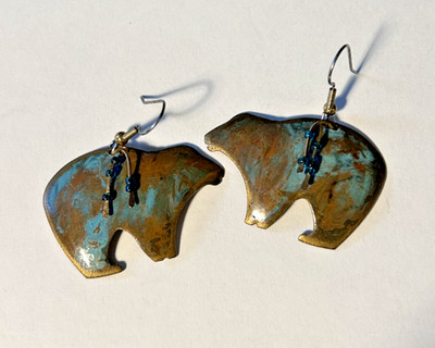 Copper Bear Drop Earrings, Southwest Native Style, Artisan, Signed, French Hooks