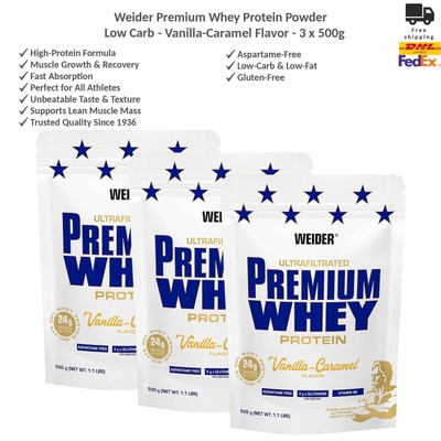 Weider Premium Whey Protein Powder - Low Carb 3x500g - Vanilla-Caramel Flavor