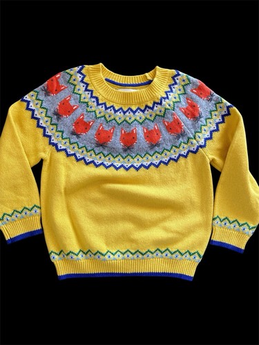 Mini Boden NWT Honeycomb Yellow Foxes Fair Isle Knit Sweater-2-3Yrs