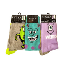 Monsters Inc Sully Mike Mens 3 Pack Multicolor Crew Socks NWT Size 6-12
