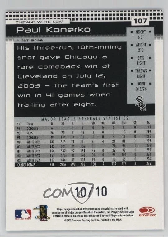 2004 Donruss Press Proof Black /10 Paul Konerko #107 - Image 2 of 2