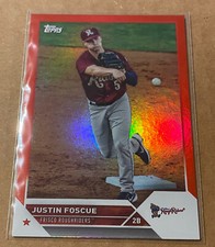JUSTIN FOSCUE 2023 TOPPS PRO DEBUT RED SERIAL/10 TEXAS RANGERS FRISCO ROUGHRIDER