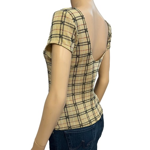 90s Vintage Checkered Plaid Glitter Top 4 Petite Sparkly Party Low Back Holiday - Picture 3 of 7