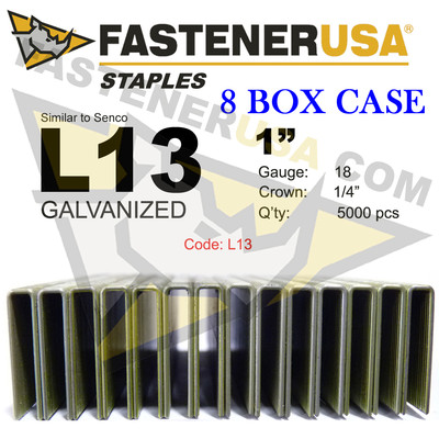 L Staples L13 Galv 18 gauge 1/4'' crown - 1'' length (fits Hit/Sen) case qty 8