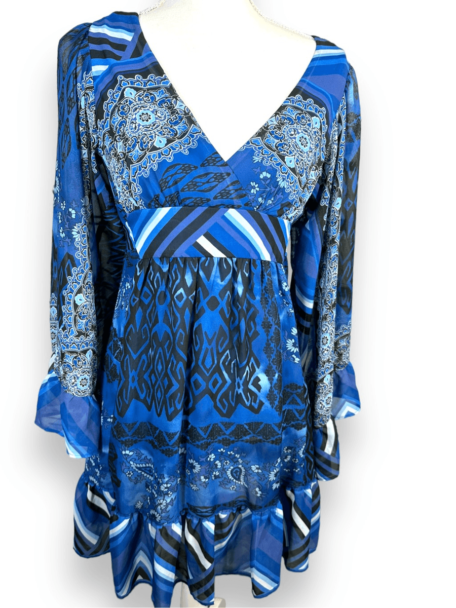 Betsey Johnson Boho Blue paisley mixed print tie back dress