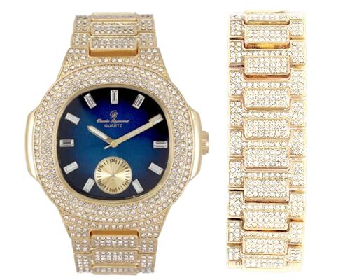 Charles Raymond Blinged Out Oblong Case Metal Mens Watch w/Matching Bracelet Set - Picture 31 of 78