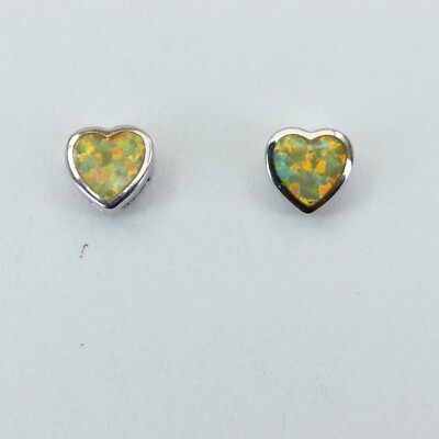 Unique FIRE OPAL Yellow Heart Post Earrings 925 STERLING SILVER Rhodium 601e