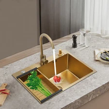 Gold Kitchen Sink Single Bowl Kitchen Sink Rectangular Sink with Draining Basket