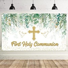XL First Holy Communion Backdrop Greenery Leaves 7x5FT Christening Party Decor