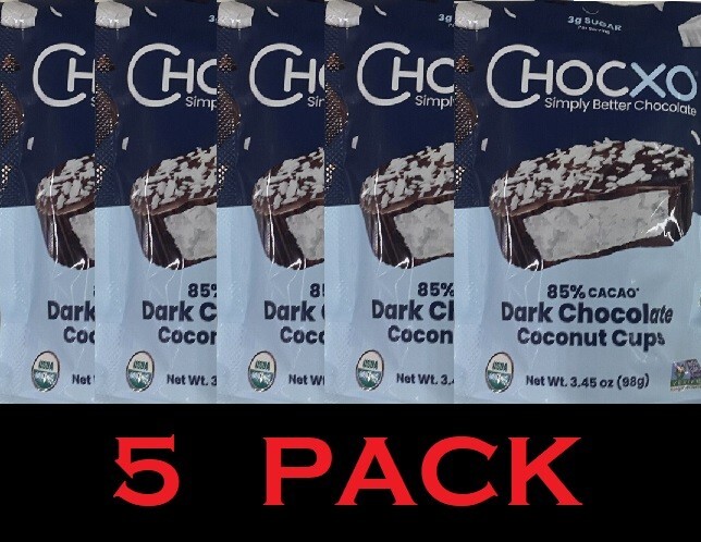 5x ChocXO 85% Cacao Organic Dark Chocolate Coconut Cups 3.45 oz