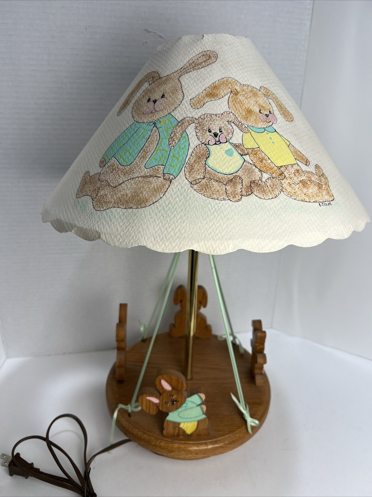 Vintage Maypole Wooden Nursery Lamp  Rabbit Bunny Carousel Hand Painted Spins