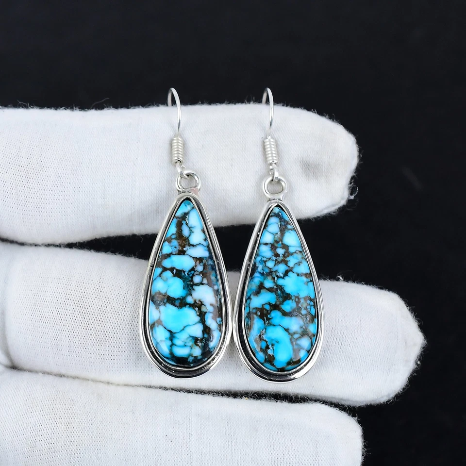 Natural Turquoise Gemstone 925 Sterling Silver Handmade Jewelry Earrings Gift - Image 2 of 4
