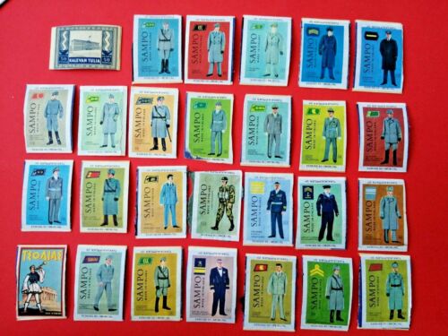 27 vintage tops of matchboxes made in Finland showing uniforms etc.Wood /paper. - Picture 1 of 6