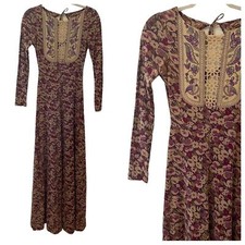 70s vintage boho floral festival embroidered maxi gown dress womens XXS