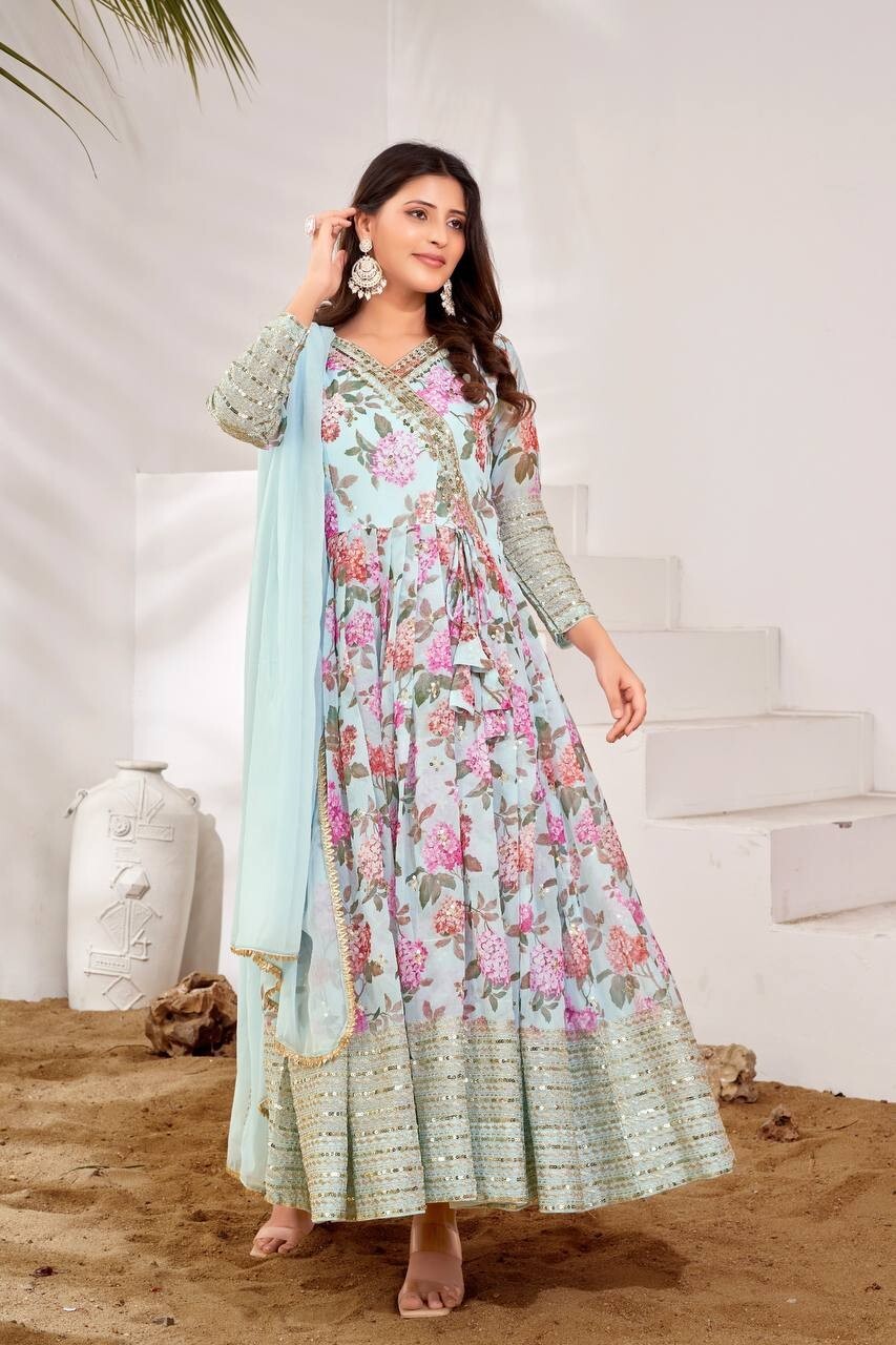 ALMUERZO PESADO IMITACIÓN GEORGETTE ANARKALI VESTIDO PARTE INFERIOR CON DUPATTA PARA ROPA DE BODA