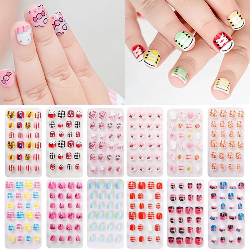 24 PRE GLUED NAILS CHILDRENS GIRLS KIDS PRESS ON FALSE NAILS STICK ON MANICURE A
