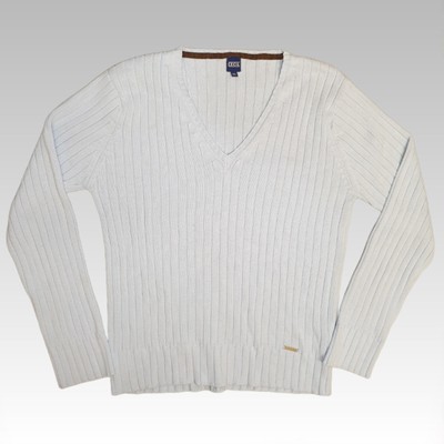 CECIL gerippter Strickpullover XL passend V-Ausschnitt Pullover Pullover Baby blau 90er Jahre Preppy