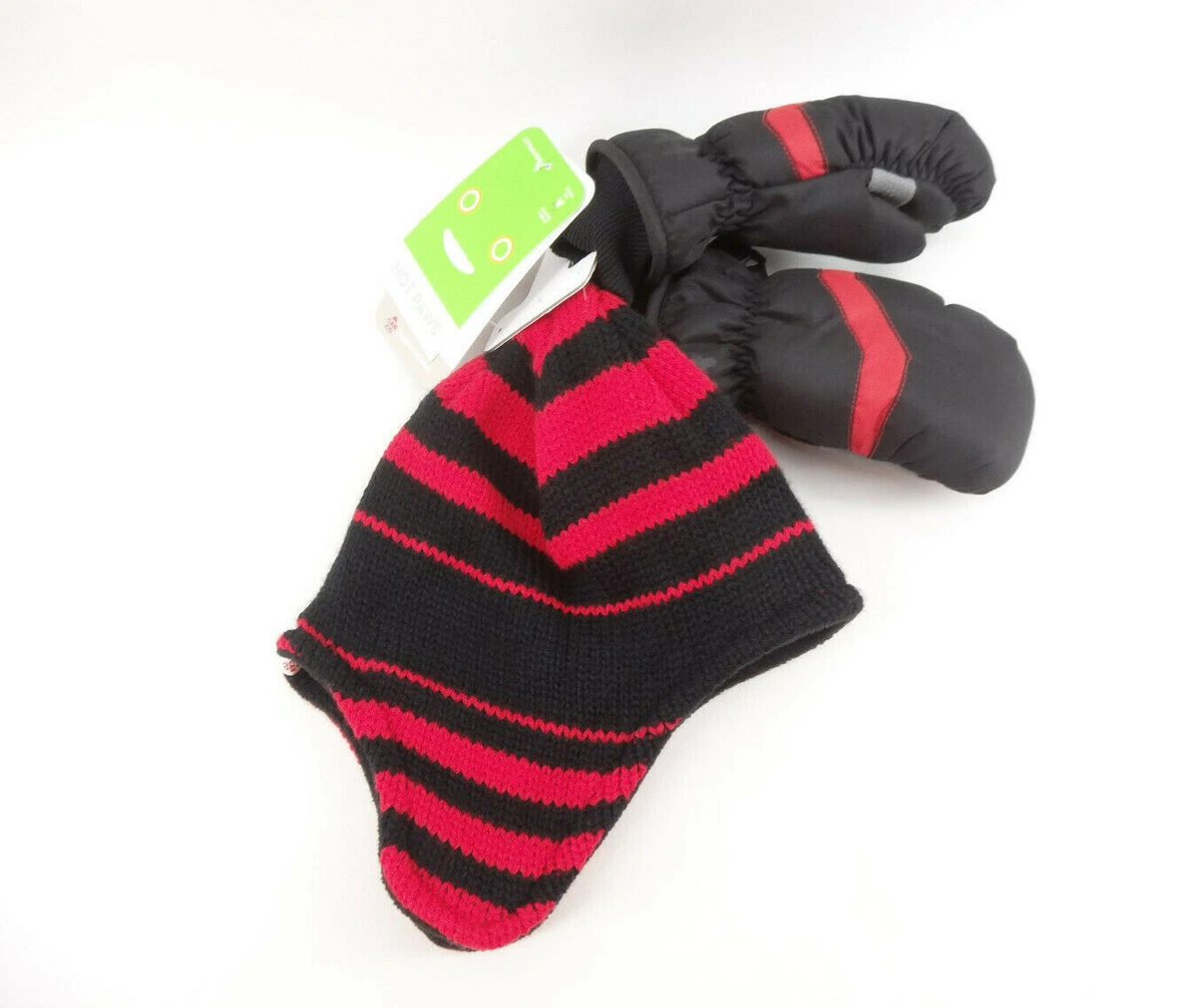 Kids Winter Hat & Ski Mittens Hot Paws Brand Cold Weather Gloves Red Black