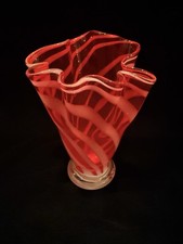 Vintage Hand Blown Art Glass Vase Red White Swirl Ruffle Rim Murano Style 7  