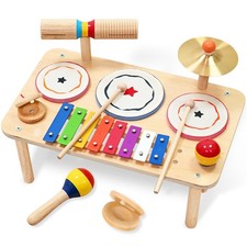 Baby Drum Set   9-in-1 Wooden Musical Instruments for Toddlers 1-3, Montessor...