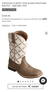 Stivali western Twisted X'Boys taglia giovanile 10M / punta quadrata