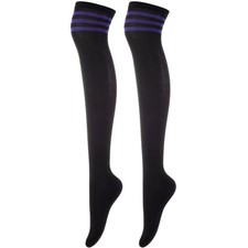 Over The Knee Socks for Women, One Size 1 Pairs-black With 3 Purple Stripes