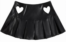 SHEIN Black PU Leather Heart Print Cut Out Pleated Zip Undershorts Mini Skirt S
