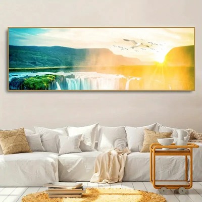Panoramic Landscape with Waterfall and Mountain View Canvas Wall Art Home Decor