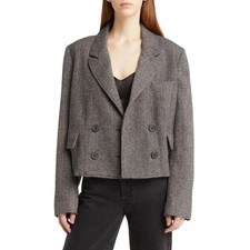 Free People Heritage Double Breasted Crop Blazer Gray Herringbone Wool Blend M