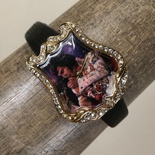 Elvis Presley Women Dress Pave Legend in Time Black Leather Quartz 24mm Watch 6"