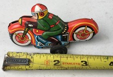Tin Litho Motorcycle Friction Toy Japan vintage red green bike rider