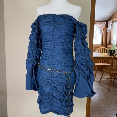 Donnée Par Dieu Blue Ruched Denim Off Shoulder Mini Dress Womens Small (2-4)