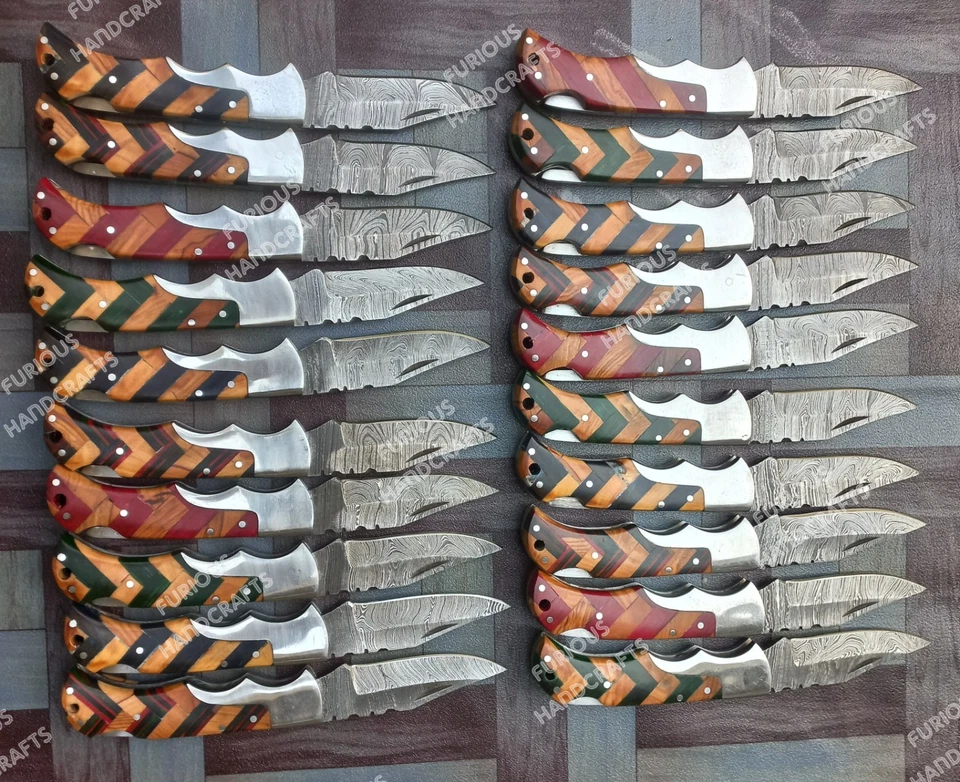 Lote de 20 PIEZAS Navaja de Bolsillo Plegable Hecha a Mano de Acero Damasco Cerradura Trasera con Bolsa Foto 3 de 4