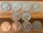 Lot of 10 - 1941-1943 Mercury 90% Silver Dimes.  World War II Era.  Higher Grade