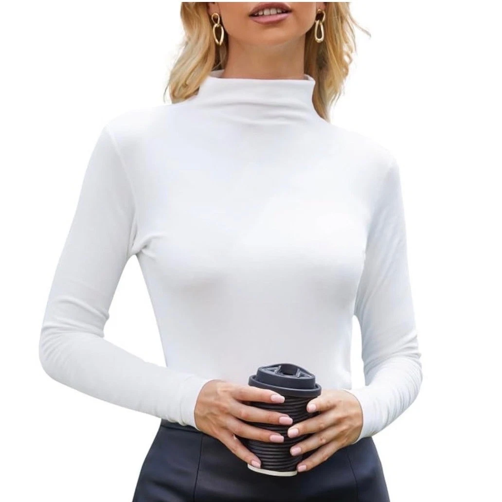 Womens White Mock Turtleneck Long Sleeve Slim Fit Base Layer Thermal Top Large