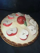 1950’s  Over and Back Inc Ceramic Apple Pie Keep Dish Plate w/Cover Lid