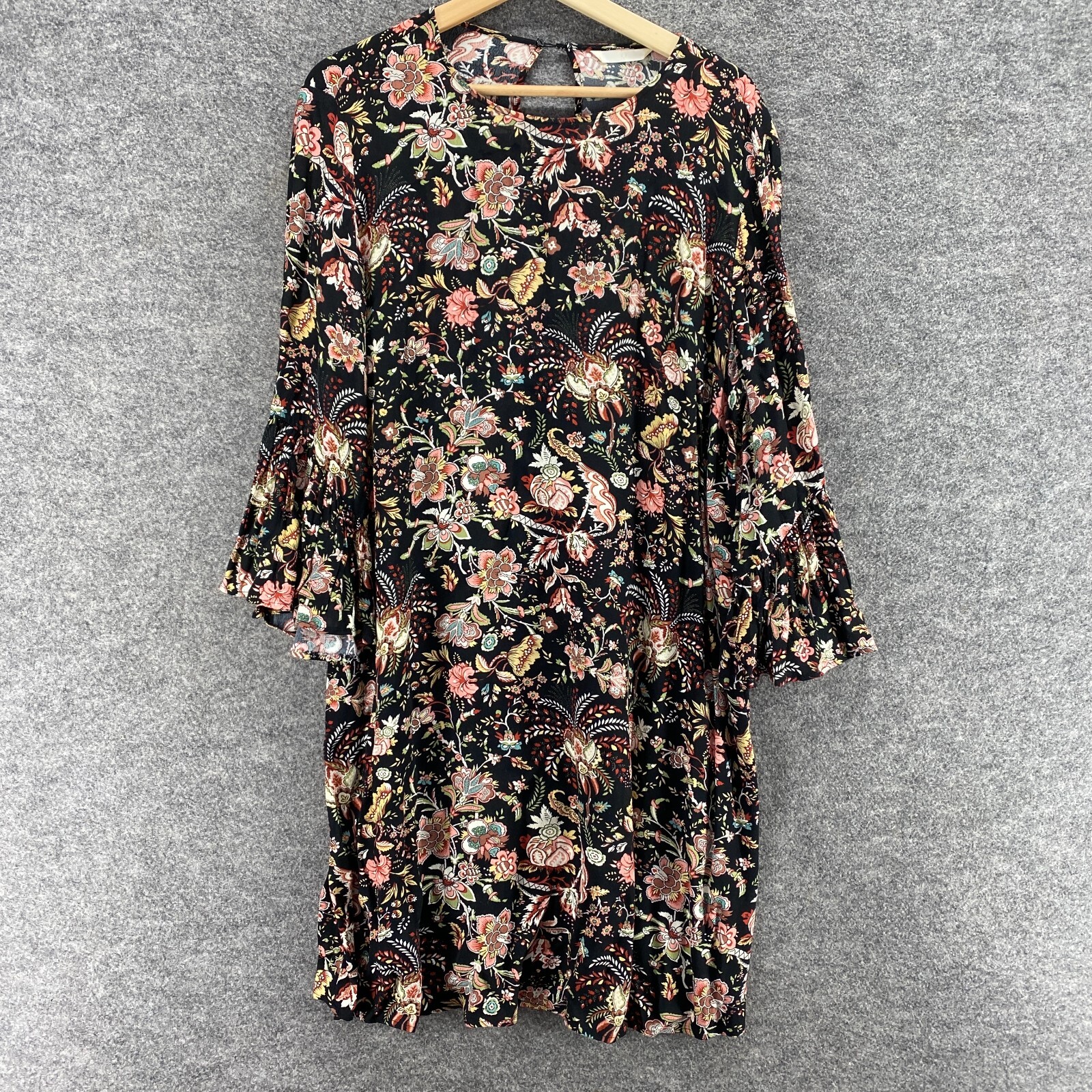 H&M Dress Women M Medium Black Floral Shift Midi Long Sleeve Hook & Eye Casual