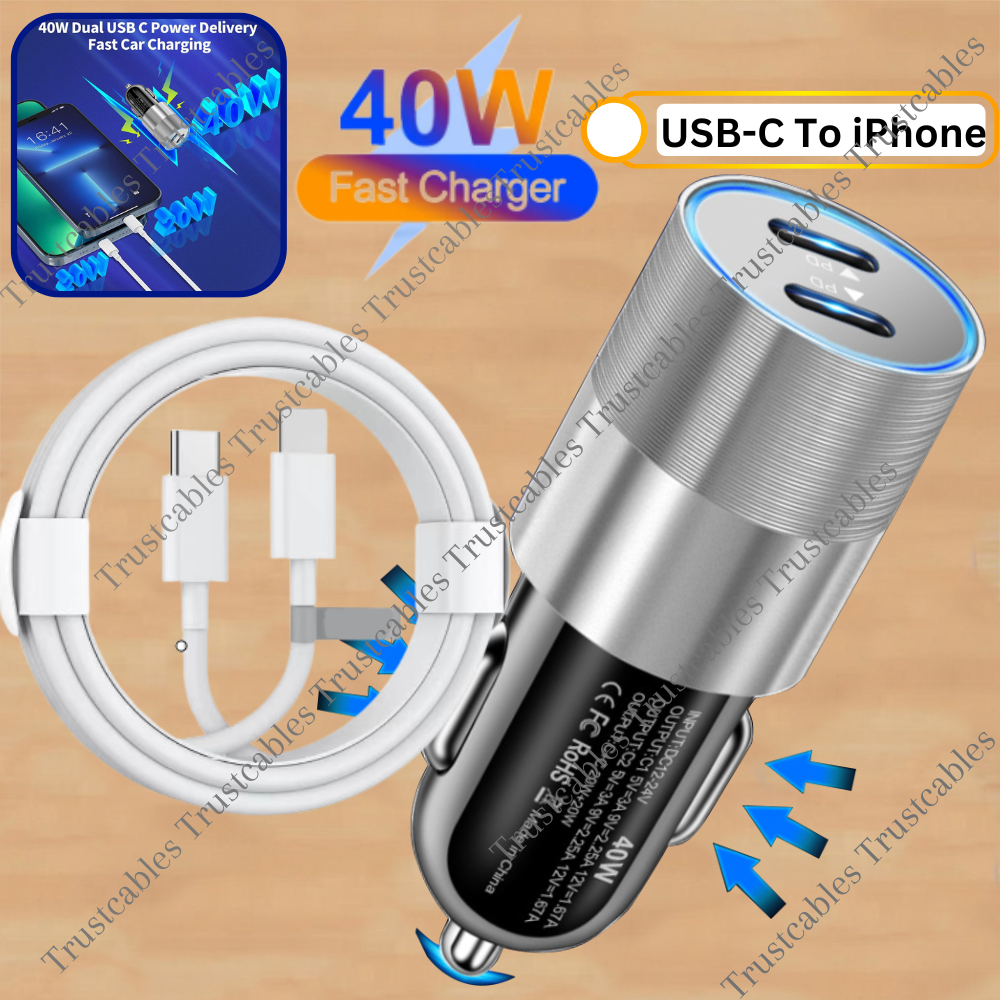 Dual Type C PD Fast 40W Car Charger Adapter Cable For iPhone 14 13 12
