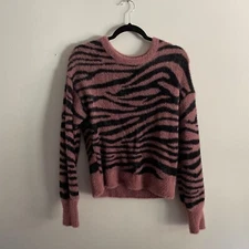 Express Women S Zebra Animal Print Balloon Sleeves Crew Neck Fuzzy Knit Sweater