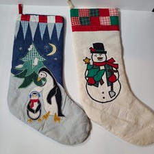 Set of 2 CHRISTMAS STOCKINGs EMBROIDERED Multicolor Snowman  Penguins