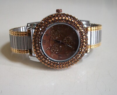Brown and Silver Watch with Rhinestones Facet Princess Bicolor Mocha Rectangle Women main image 3