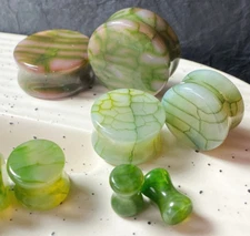 PAIR Green Dragons Vein Agate Stone Double Flare Plugs Organic Earlets Gauges