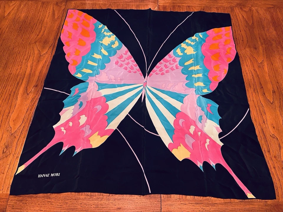 Bufanda mariposa vintage Hanae Mori 100 % seda rosa negro azul Foto 4 de 4