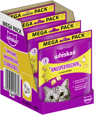 4x180g Whiskas Knuspertaschen Katzensnacks Huhn & Käse Katzenleckerlis Leckerlis