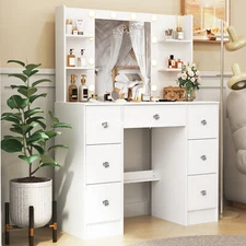 Bedroom Dressing Table with 10 LED Bulbs Dimmable Mirror, White Vanity Desk Set