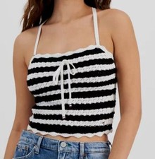Image of Tommy Jeans Women's Black Crochet Striped Tank Top Size S