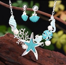 Teal starfish sealife necklace earring set